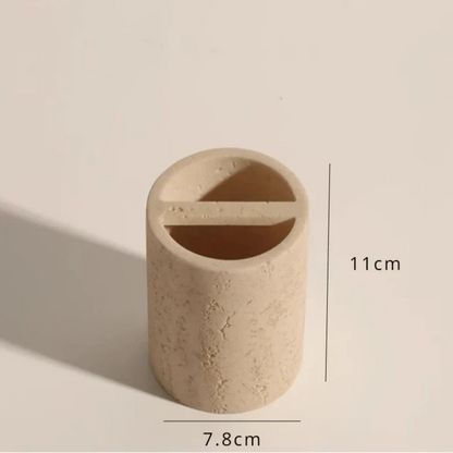 Stone effect toothbrush holder with measured dimensions for bathroom organization.