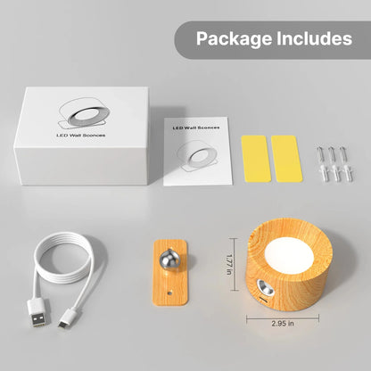 Package contents of LUCIL™ adjustable wooden LED wall lamp.