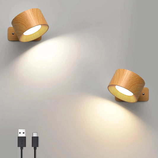 Adjustable wooden LED wall lamp with USB connection on a gray background.