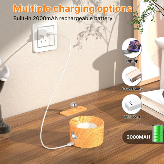 Adjustable wooden LED wall lamp with multiple charging options, rechargeable 2000mAh battery.