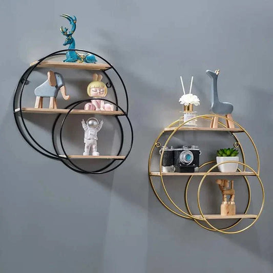 Round metal wall shelf with decorative items, featuring a unique hanging storage rack design.