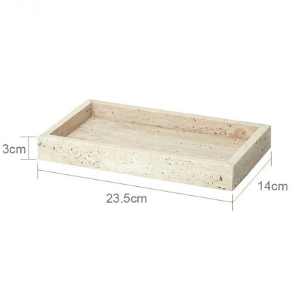 Travertine bathroom set tray with dimensions 23.5cm x 14cm x 3cm.
