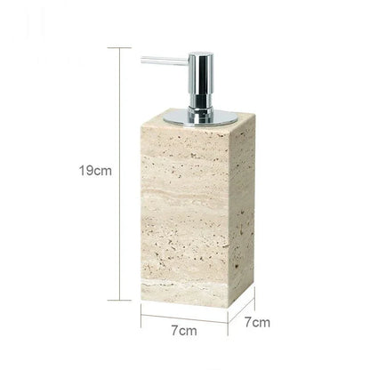 Minimalist travertine bathroom dispenser measuring 19x7x7 cm.
