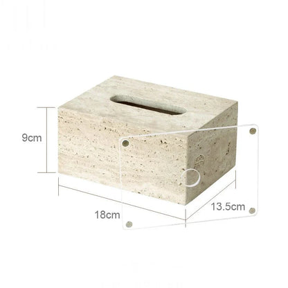 Minimalist travertine bathroom set dispenser with dimensions.