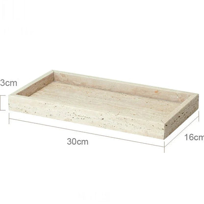 LUX™ Bathroom Set – Travertine Dispenser and Holder, minimalist natural stone bathroom accessory with dimensions 30cm x 16cm x 3cm.