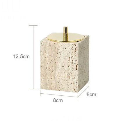 Travertine dispenser with gold top, part of LUX™ minimalist bathroom set, measuring 12.5cm in height and 8cm in width.