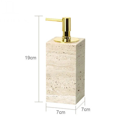 Minimalist travertine dispenser from LUX™ bathroom set with gold pump, dimensions 19cm x 7cm x 7cm.