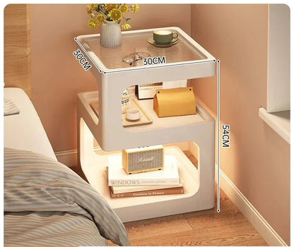 Minimalist wooden nightstand with sculptural Z-shape and integrated LED lighting.