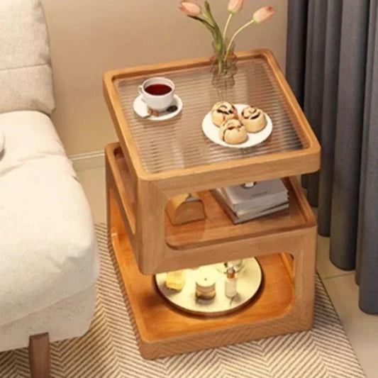 Minimalist wooden nightstand with Z-shaped design and storage shelves.