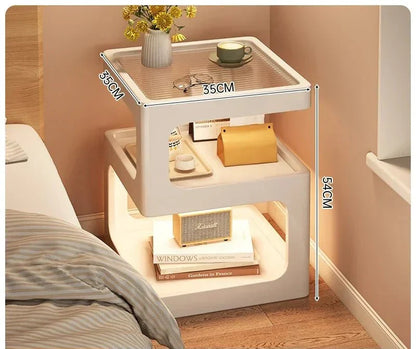 Minimalist wooden nightstand with LED lighting and open Z-shaped design featuring compartments and a slatted surface.