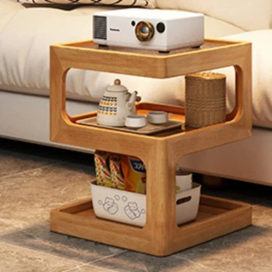 minimalist wooden nightstand with sculptural design and open compartments