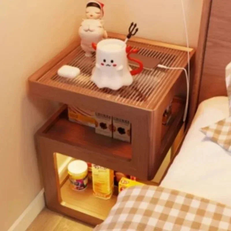 Minimalist MASSONE™ wooden nightstand with Z-shaped design, featuring a ventilated top, soft LED lighting, and open compartments for storage.
