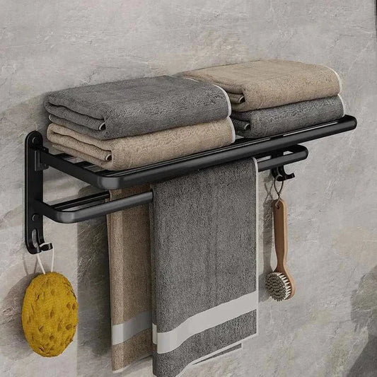Wall-mounted towel rack with industrial design, matte black finish, and multiple storage levels for towels.