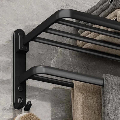 Wall-mounted matte black towel rack with industrial iron design, featuring upper shelf and hanging bar for modern bathrooms.