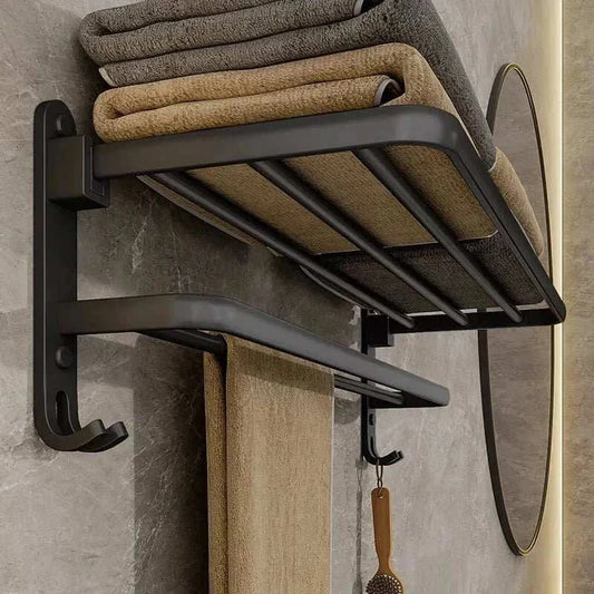 Wall-mounted matte black towel rack with multiple levels for storage, ideal for modern bathrooms.
