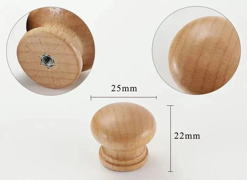 Minimalist wood knob with natural finish, 25mm diameter, 22mm height, designed for drawers and cabinets.