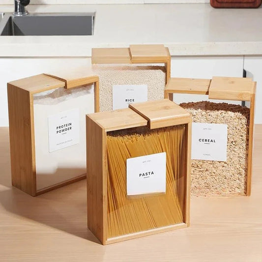PANORAMA™ Food Dispenser 2L with airtight bamboo frame and clear acrylic panel, ideal for kitchen storage of dry goods.