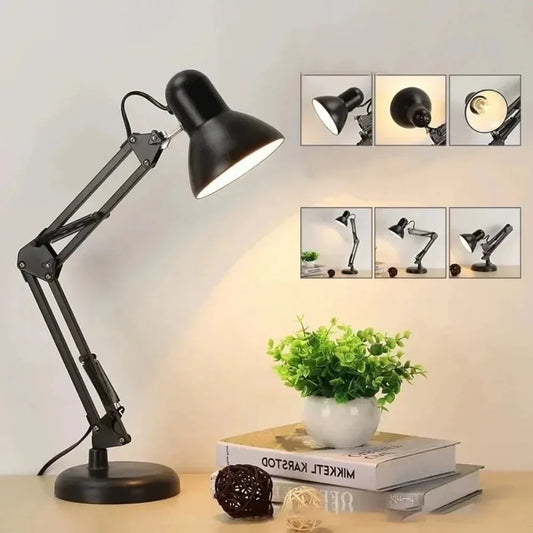 Adjustable desk lamp with a sleek black design perfect for study or office use.