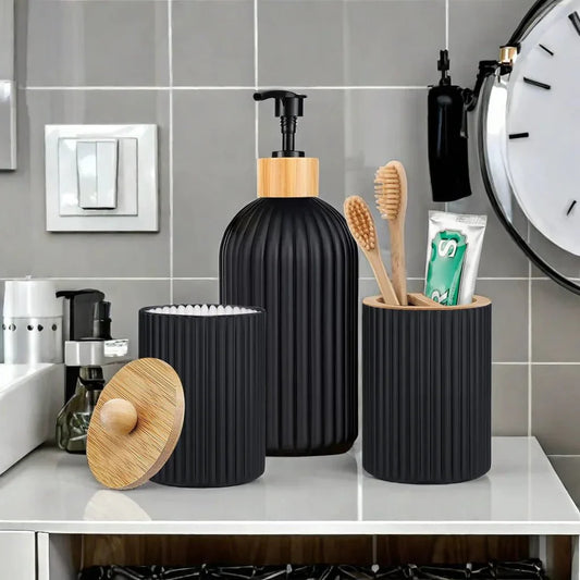 RIGO™ bathroom dispenser set with ribbed matte finish, bamboo accents, includes toothbrush holder.