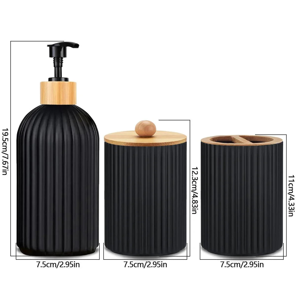 Ribbed matte bathroom dispenser set with toothbrush holder, featuring bamboo accents, in matte black.