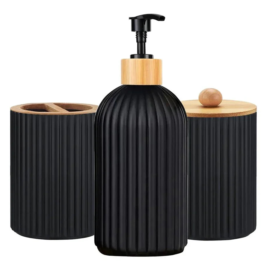 RIGO™ bathroom dispenser set with ribbed matte finish and bamboo accents.