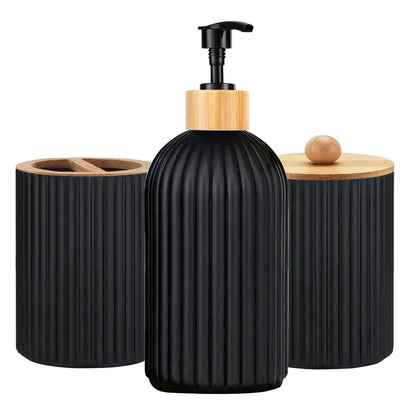 RIGO™ bathroom dispenser set with ribbed matte finish and bamboo accents.