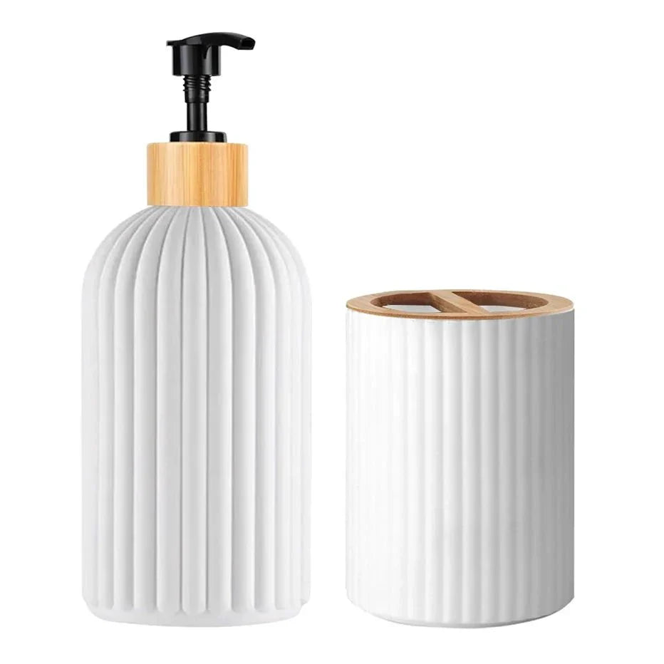 RIGO™ ribbed matte bathroom dispenser set with toothbrush holder and bamboo accents.