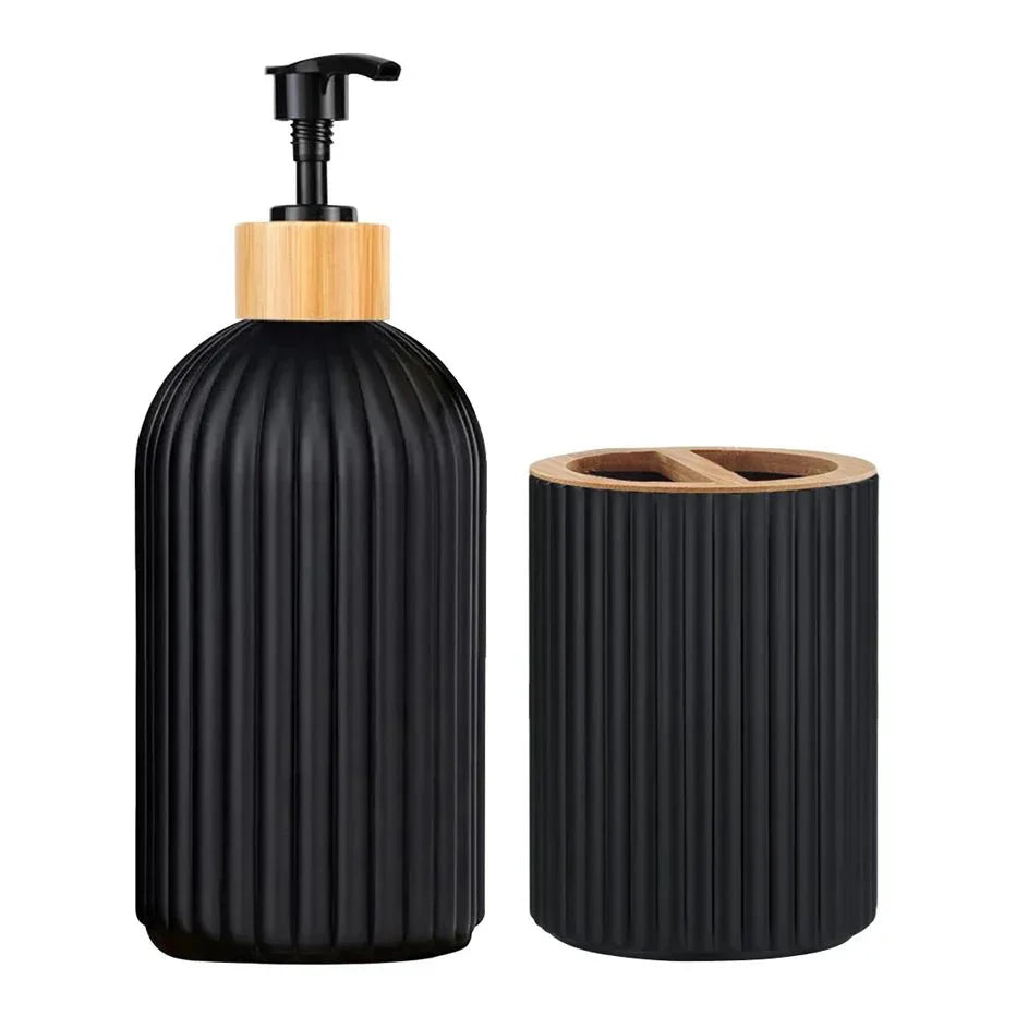 RIGO™ Bathroom Dispenser with Toothbrush Holder; ribbed matte finish, bamboo accents.