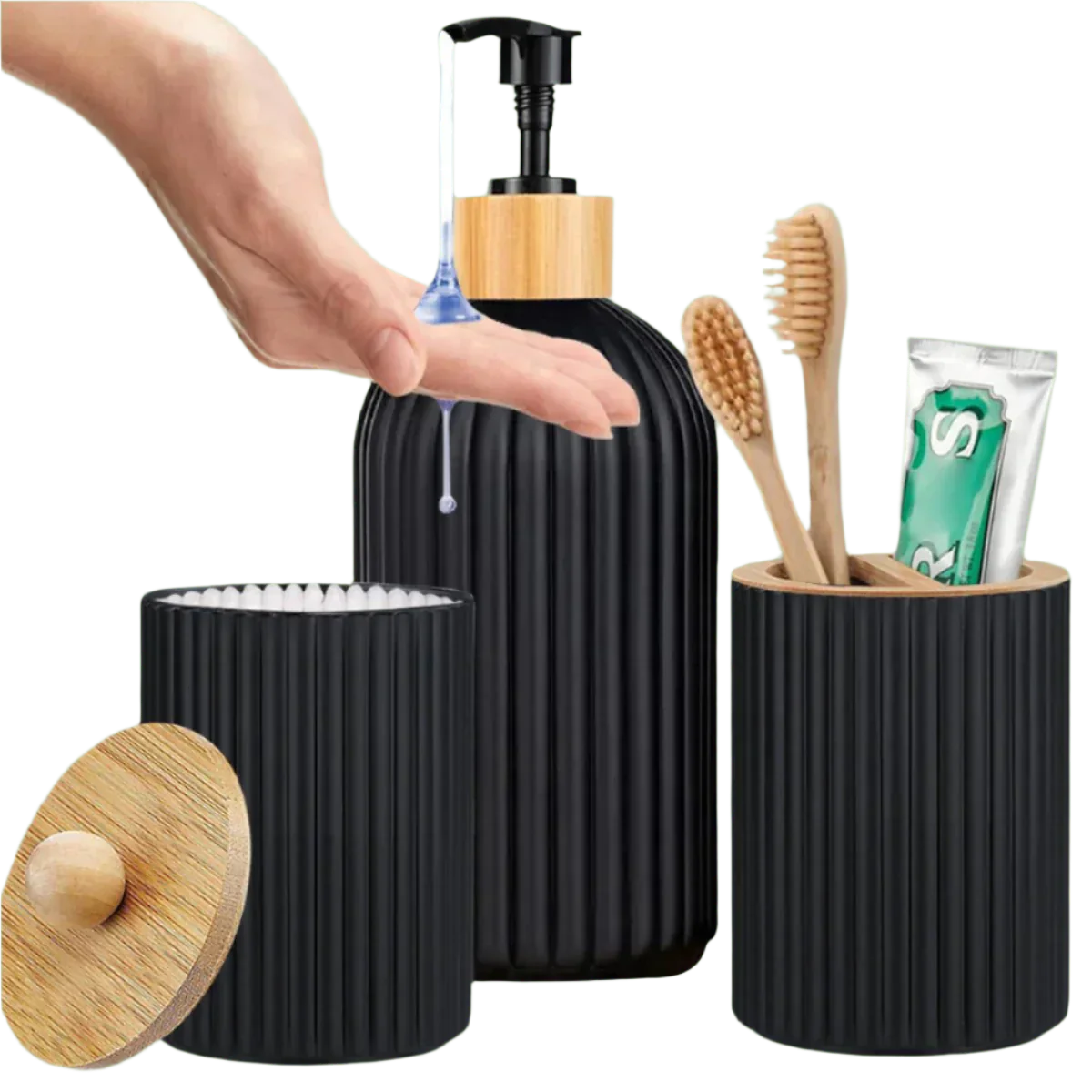 RIGO™ bathroom dispenser set with ribbed matte finish and bamboo accents.