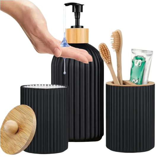 RIGO™ bathroom dispenser set with ribbed matte finish and bamboo accents.