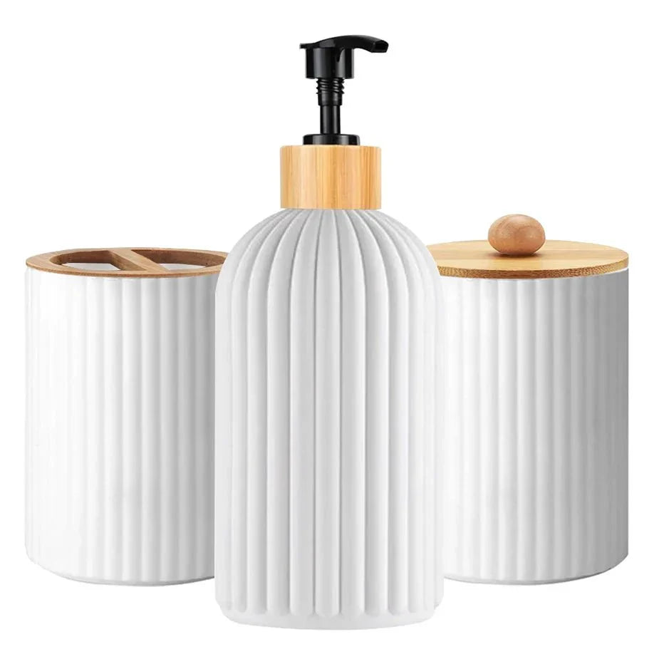 RIGO™ Bathroom Dispenser Set with ribbed matte finish and bamboo accents, featuring toothbrush holder.