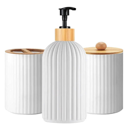 RIGO™ Bathroom Dispenser Set with ribbed matte finish and bamboo accents, featuring toothbrush holder.