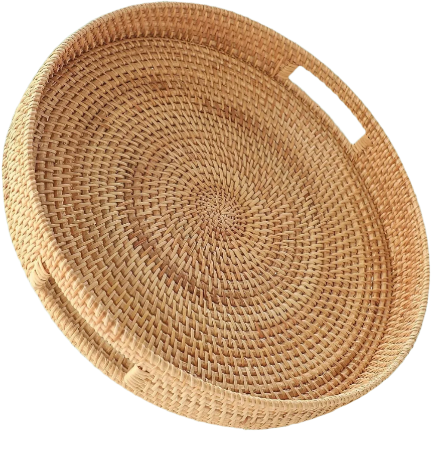 Round handwoven rattan serving tray with built-in side handles.