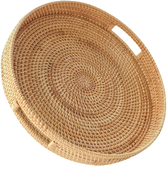 Round handwoven rattan serving tray with built-in side handles.