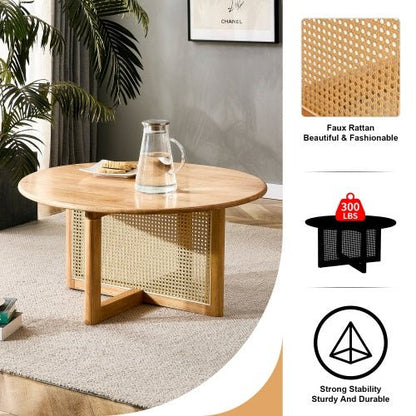 Round coffee table TRAMA™ – Wood and faux rattan natural design - coffe table