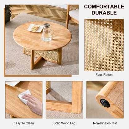 Round coffee table TRAMA™ – Wood and faux rattan natural design - coffe table