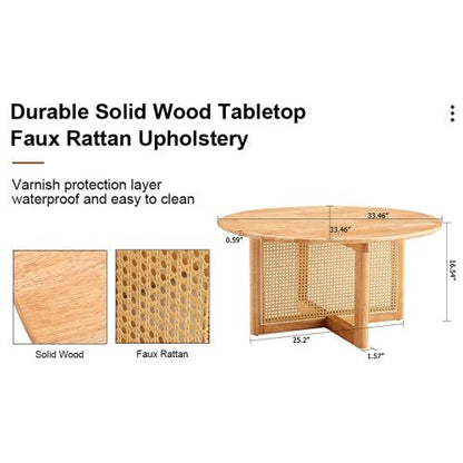 Round coffee table TRAMA™ – Wood and faux rattan natural design - coffe table