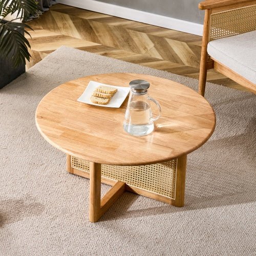 Round coffee table TRAMA™ – Wood and faux rattan natural design - coffe table