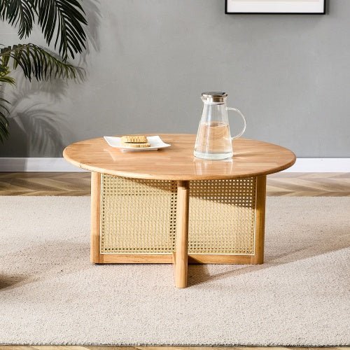 Round coffee table TRAMA™ – Wood and faux rattan natural design - coffe table