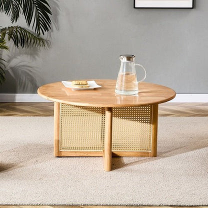 Round coffee table TRAMA™ – Wood and faux rattan natural design - coffe table