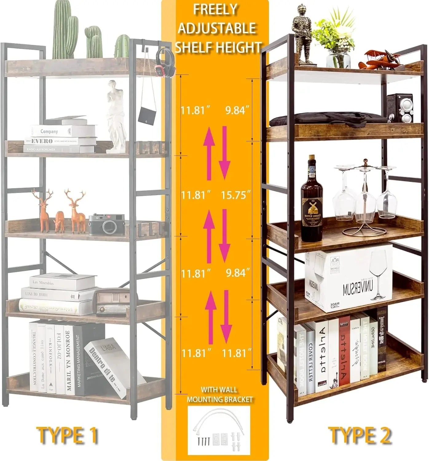 RUSTO™ Bookshelf – Industrial Wood and Metal 4 - Tier Shelving - 