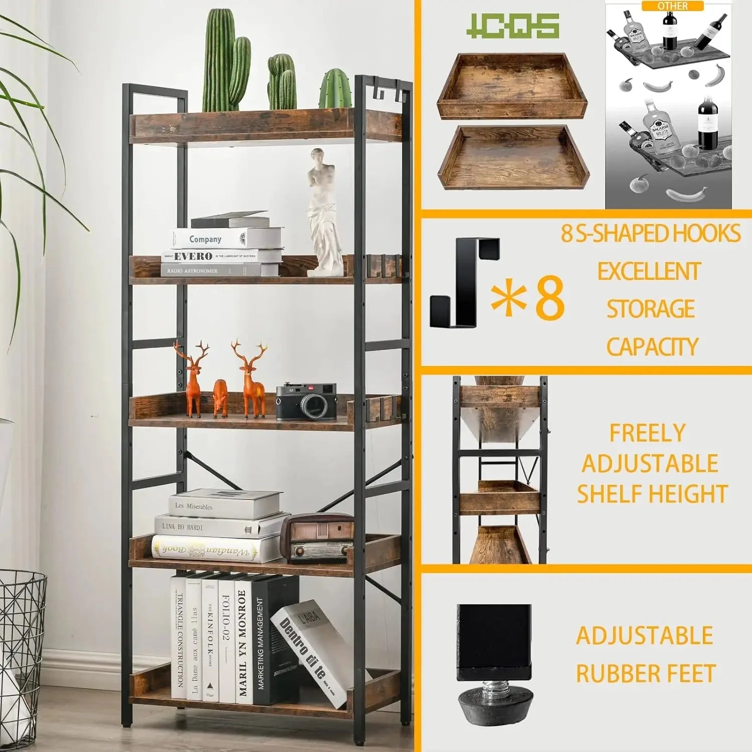 RUSTO™ Bookshelf – Industrial Wood and Metal 4 - Tier Shelving - 