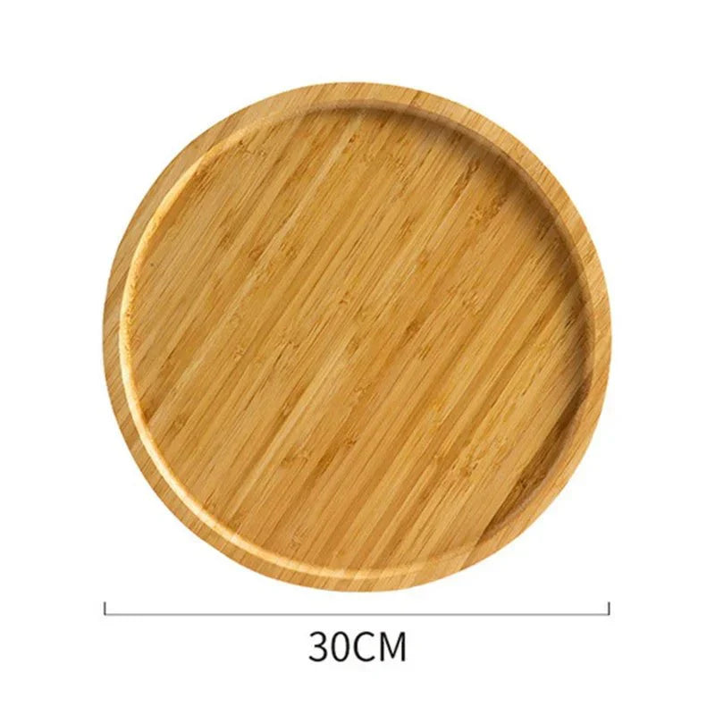 Round wooden serving tray with natural grain, 30cm diameter.