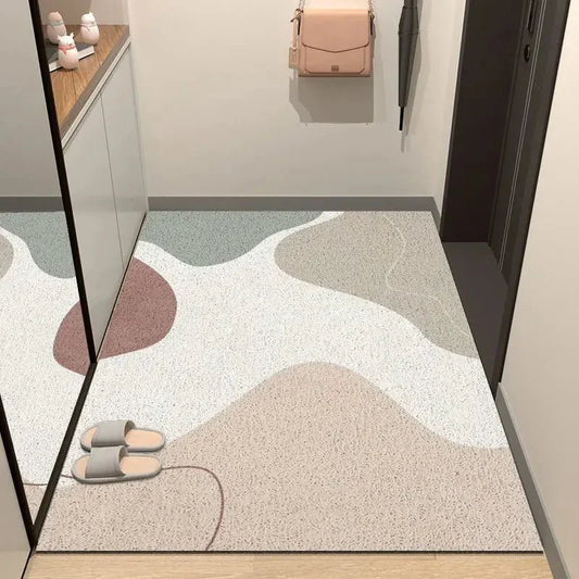 Soft abstract floor mat for bathroom or entryway with modern design.