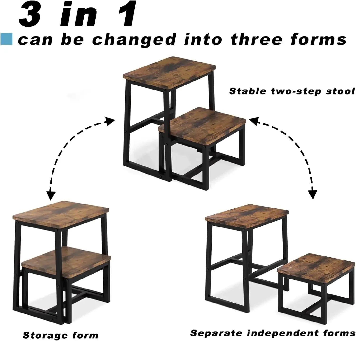 SIDDIO™ Step Stool – 3 - in - 1 Wooden Ladder for Home or Kitchen Use - 