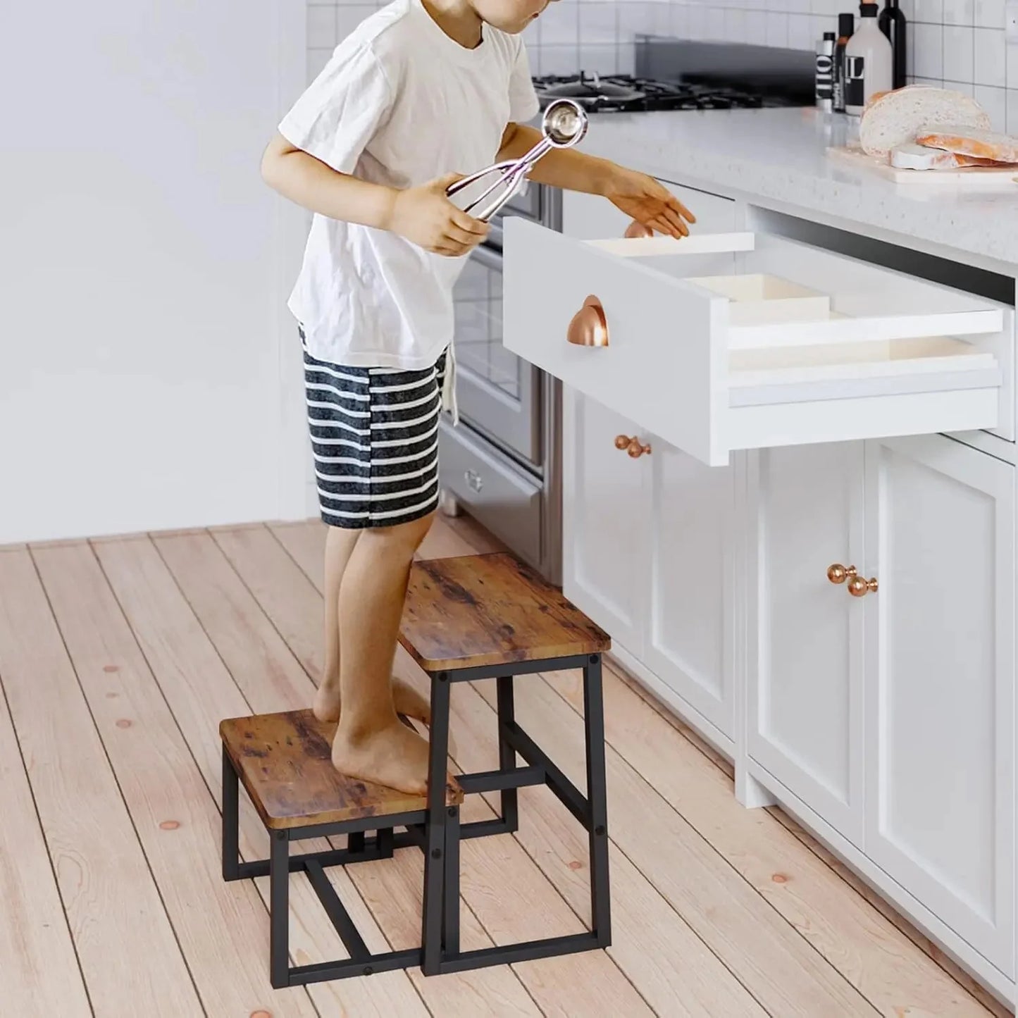 SIDDIO™ Step Stool – 3 - in - 1 Wooden Ladder for Home or Kitchen Use - 