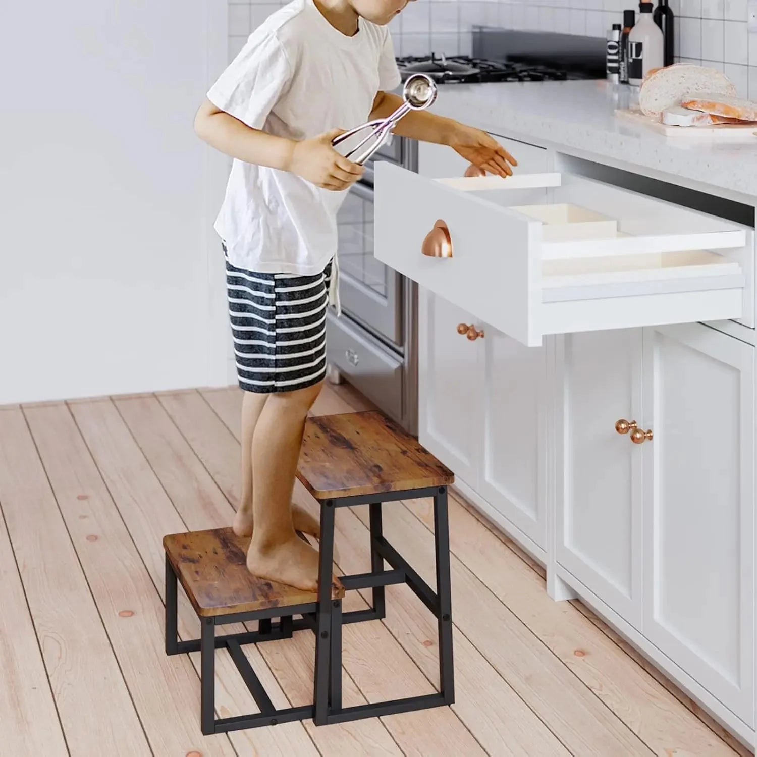 SIDDIO™ Step Stool – 3 - in - 1 Wooden Ladder for Home or Kitchen Use - 