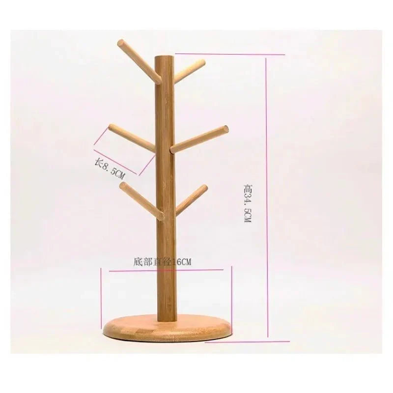 Rotating wooden mug tree cup stand with six hooks, crafted from natural bamboo.