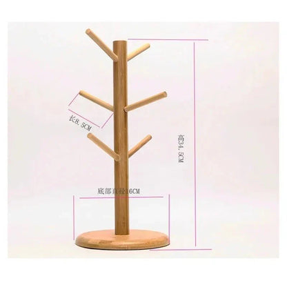 Rotating wooden mug tree cup stand with six hooks, crafted from natural bamboo.