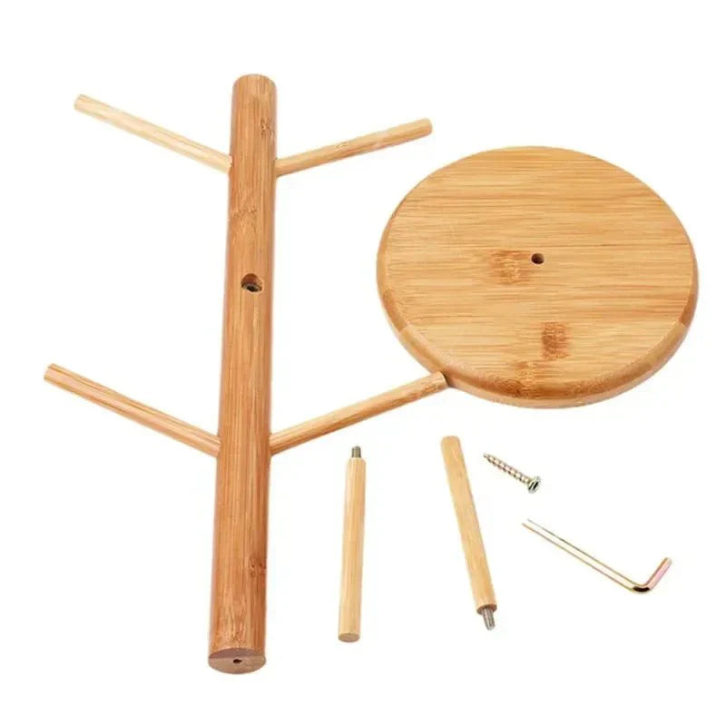 Rotating wooden cup stand components with natural bamboo finish.